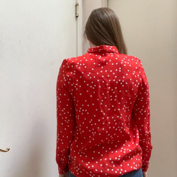 Sézane Red Silk Blouse w/ White Floral Print & Tie Bow | Size 40 (US 8/M) - Picture 4 of 10